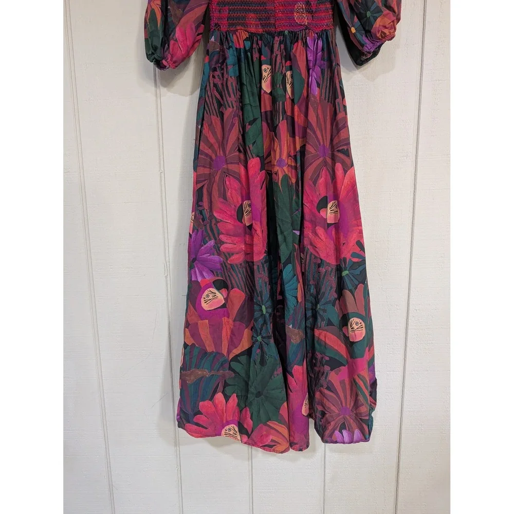 Farm Rio Dark Flowers Smocked Midi Dress Puff Sleeve Floral XS - Picture 14 of 16